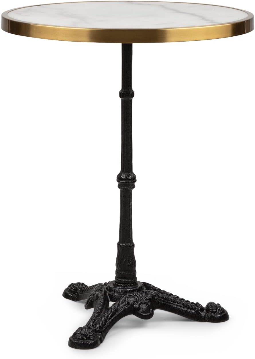 Patras Lux - Table bistrot de Jardin Style Art Nouveau, Plateau en marbre Ø 57,5 ​​cm, Hauteur 72 cm, pour intérieur et extérieur, résistant aux intempéries, Base carrée en Fonte - Blanc