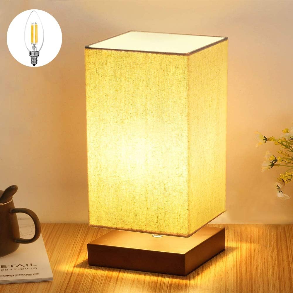 Lampe de Chevet Abat-jour Tissu, Lampe de Table, Design Moderne et Scandinave, Socle en Bois Naturel et Léger, Culot E27 et Prise pour Salon Bureau (Ampoule LED Incluse)