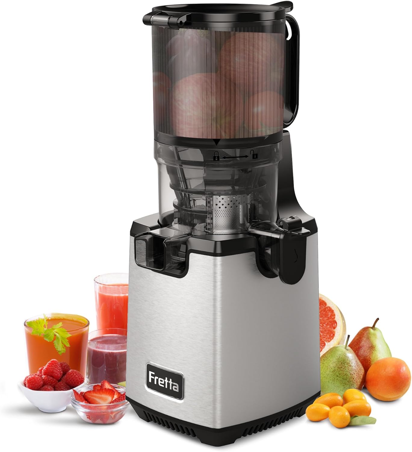 Extracteurs de Jus à Mastication Lente, Grande Goulotte d'Alimentation de 135mm pour Fruits et Légumes Entiers, Presse-agrumes Automatique Facile à Nettoyer, Sans BPA, 250W, Acier Inoxydable