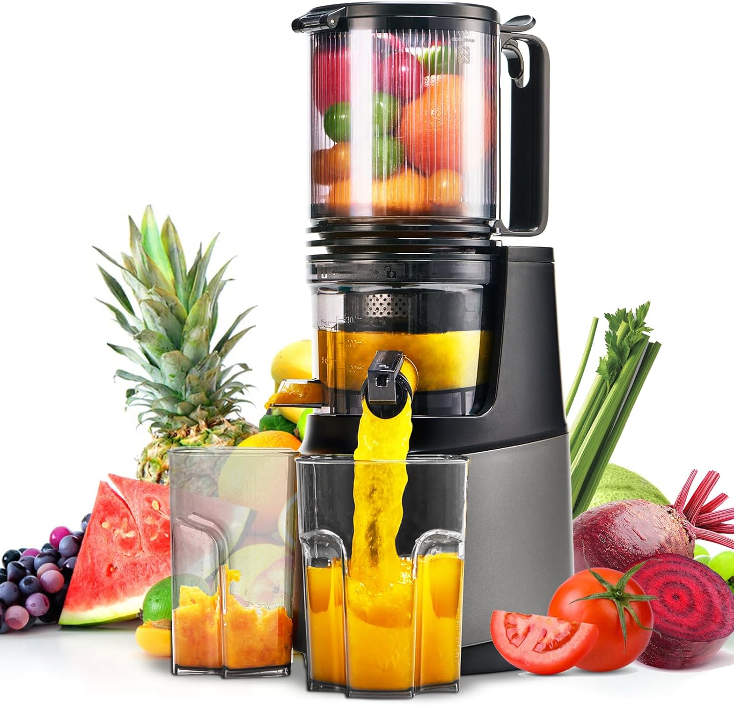 Extracteur de Jus de Fruits et Légumes, Ouverture de 13.5cm capacité de 2L Machine a Jus de Fruit, Slow Jucier Facile à installer,Gris