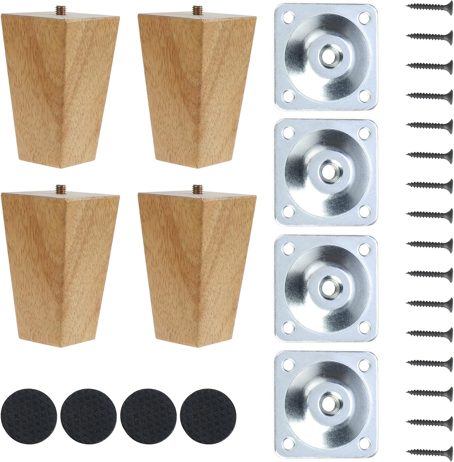 Knpwer 4 Pcs Pieds De Meuble en Bois, 10cm Pieds de Table en Bois Massif,Pieds de Meubles de Remplacement avec Vis de Plaque de Montage et Protecteur Antidérapant