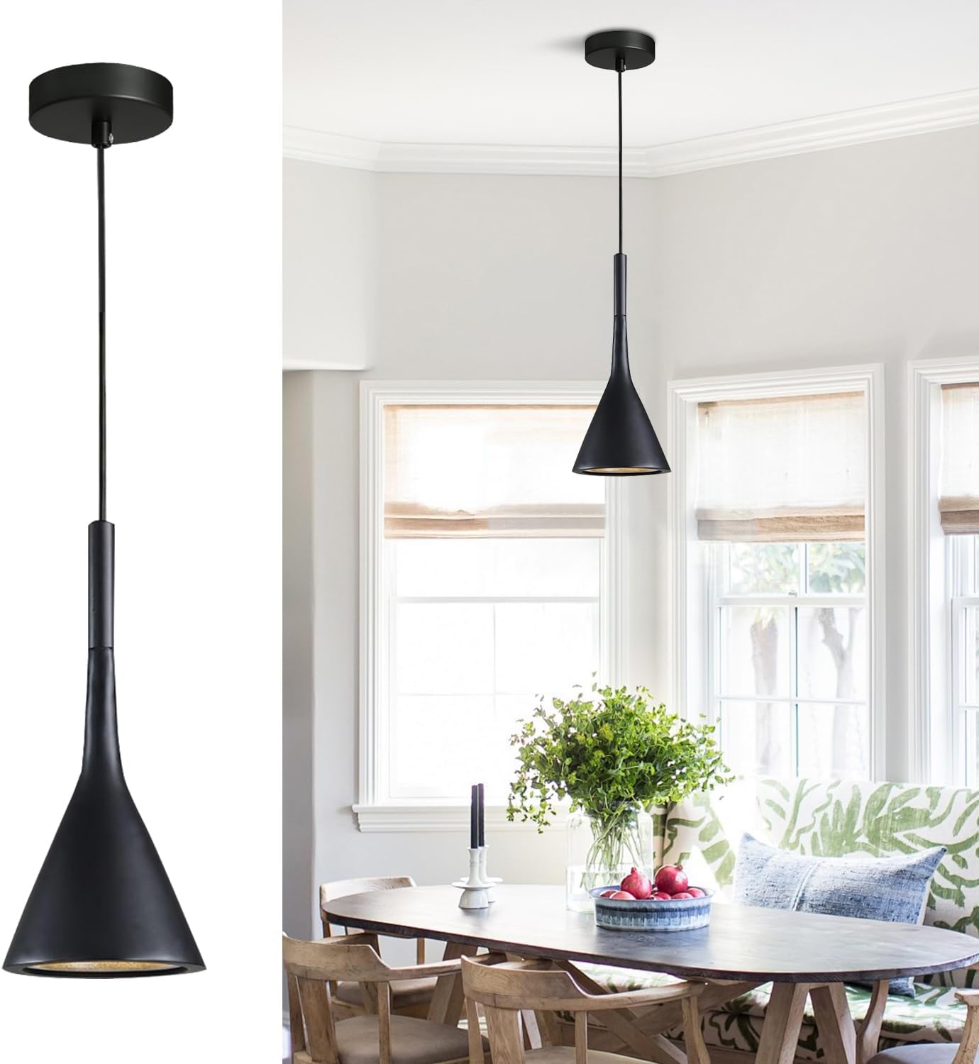 Lighting Suspension LED Minimaliste en Résine Noire Pour îlot de Cuisine, Suspension Moderne en Forme de Cône Noir Avec Cordon de Suspension Réglable Pour Grange, Salle à Manger, Salon
