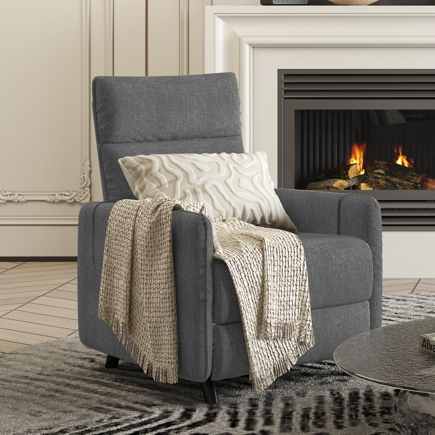 Fauteuil de Relaxation, Pushback, Fauteuil TV Inclinable avec Dossier Réglable Jusqu'à 155°, Fauteuil de Couchage Manuellement avec Repose-Pieds dans Le Salon, Chambre, Gris