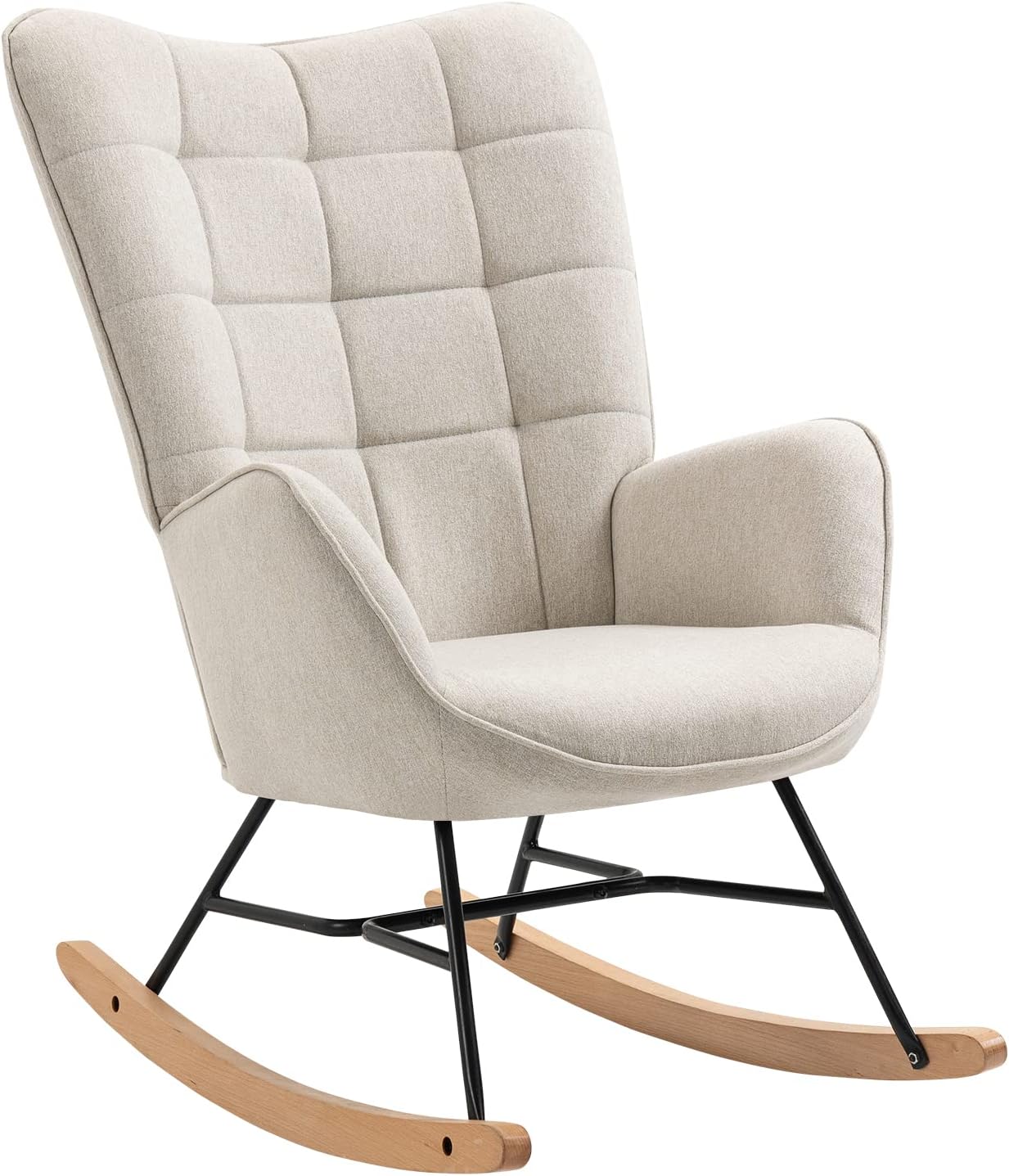Fauteuil à Bascule Allaitement Scandinave Chaise Loisir et Repos en Tissu avec Pieds en E' Bois Métal pour Salon, Chambre, Massif, Beige, 66x84x97cm