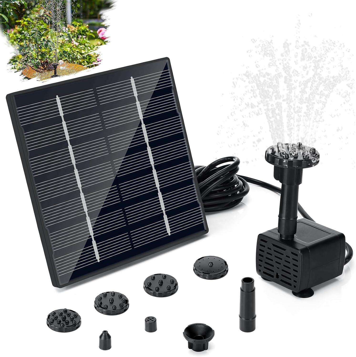 Sprifityy Fontaine Solaire 1.5W,Pompe de bassin solaire avec 6 Buses,Pompe à Eau Solaire d'extérieur avec conduite d'eau de 3 m et piquet,pour Bain d'oiseaux,étangs,piscine,Jardin