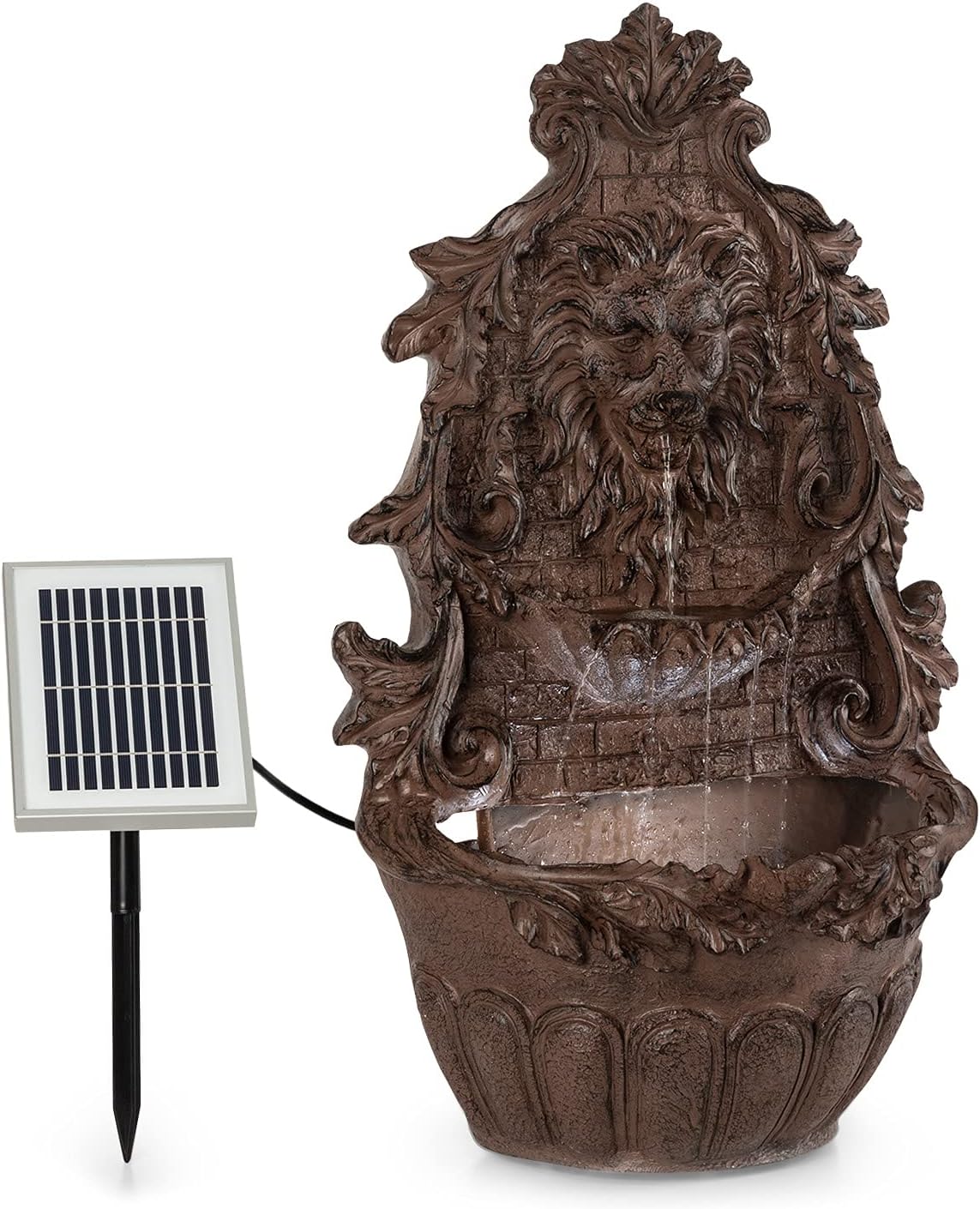 Löwenstein - Fontaine Murale Solaire de Jardin, Forme tête de Lion, Pompe Solaire 2W, polyrésine, 4 LED Blanches, câble 5m, Panneau Solaire avec Batterie, Imitation Pierre - Rouille