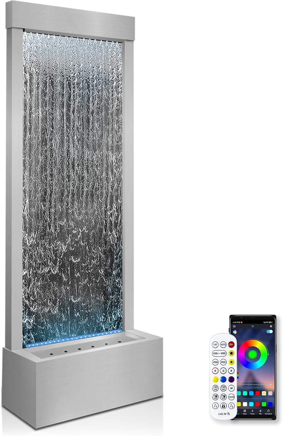 Fontaine Intérieure de 48 Pouces, Décoration d'eau Grandiose, et Fontaine pour la Maison ou Le Jardin, Lumière LED Multicolore Contrôlable par Application, Miroir de Sol Autoportant