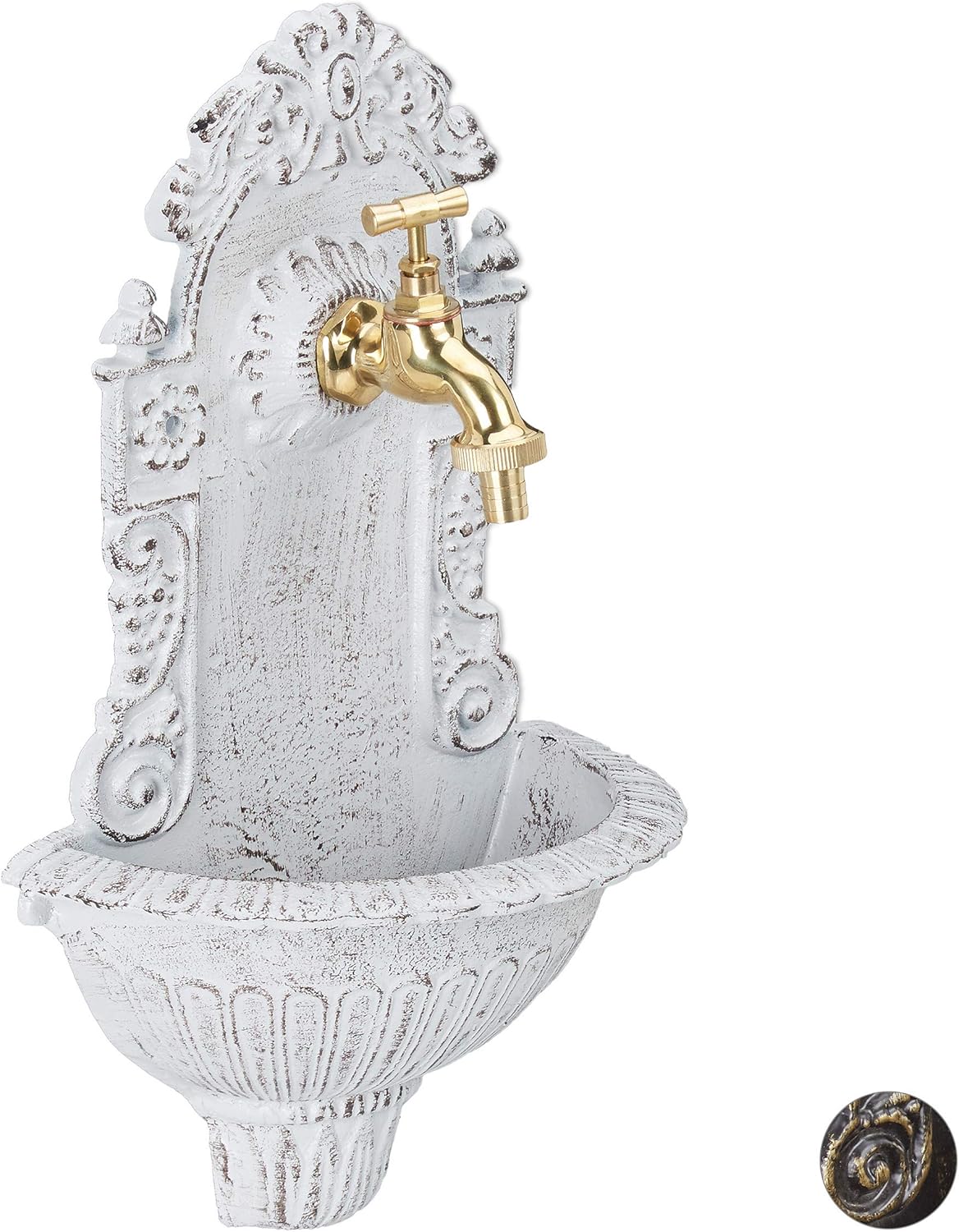 Fontaine Mural Style Antique,Robinet, Evier de Jardin, Fonte Aluminium, HlP 40 x 24,5cm x 13 cm, Blanc