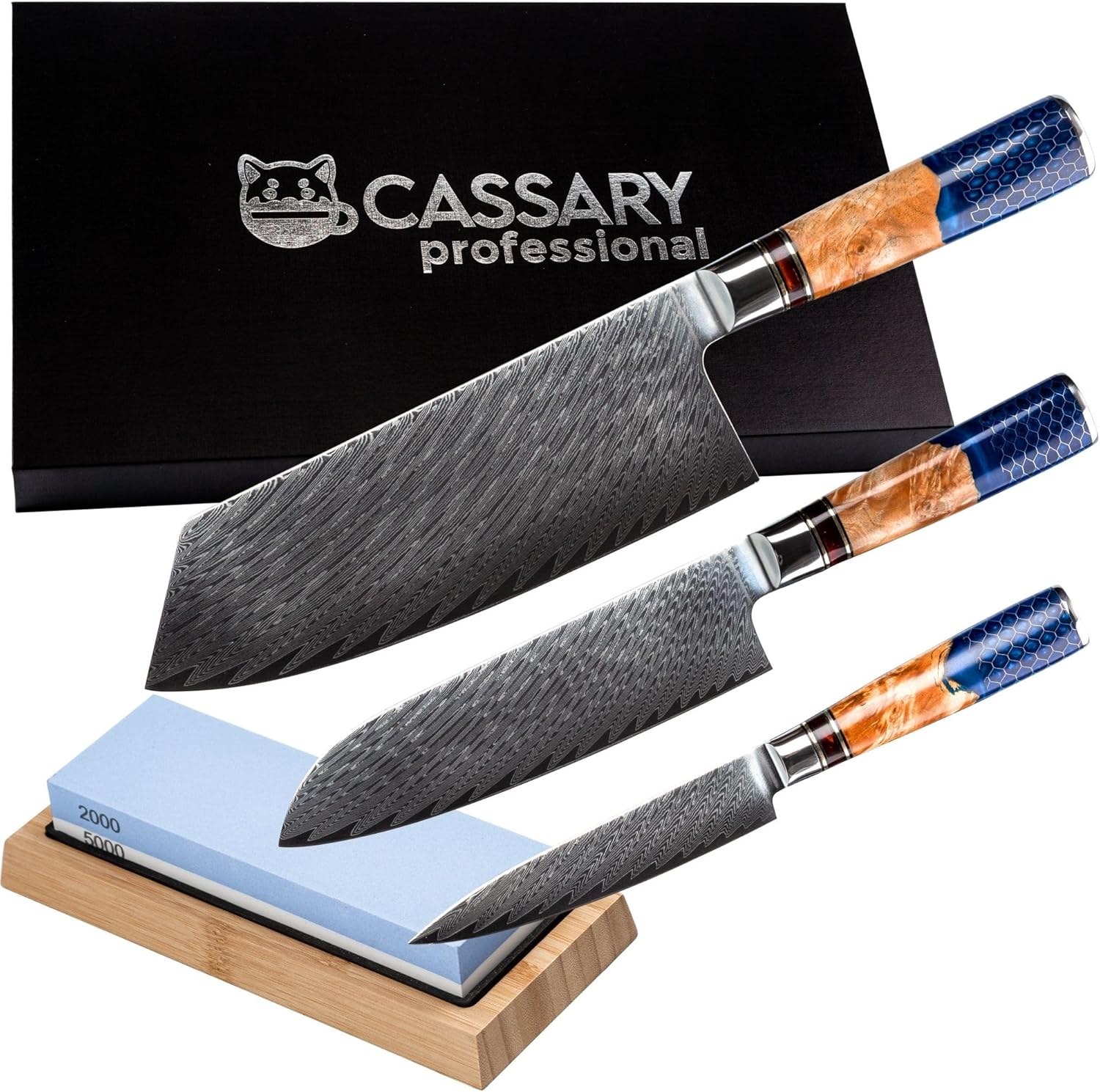 Set de couteaux de cuisine professionnel en acier damas avec pierre à aiguiser Japonaise - Couteau japonais professionnel (pierre a aiguiser japonaise inclus) idéal pour tout chef (3 set)