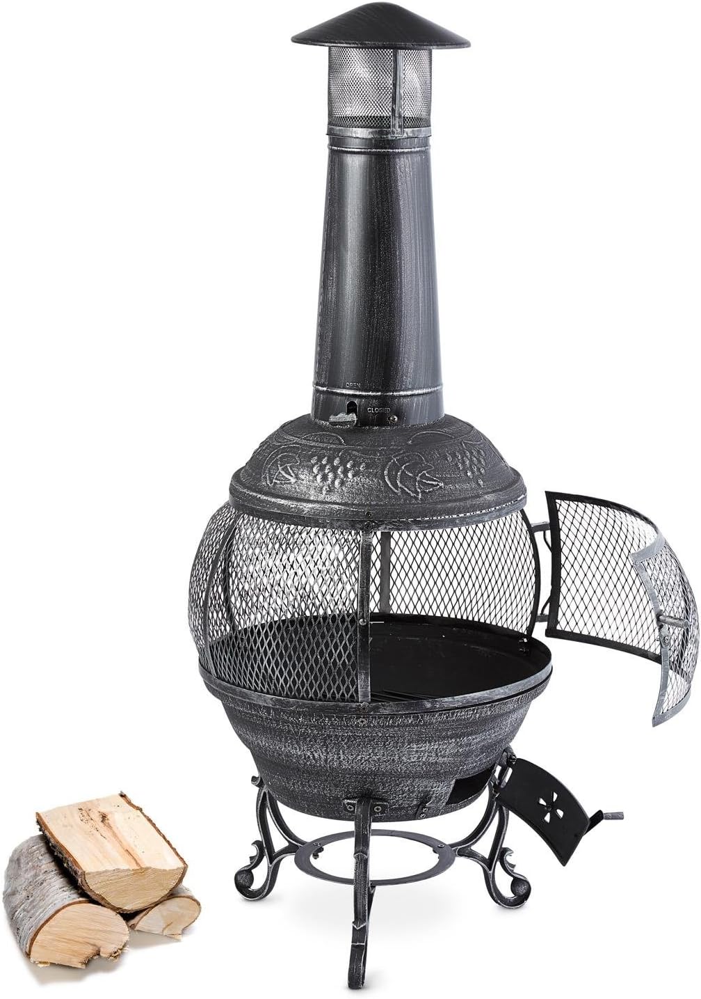 Flavius - Poêle en Fonte Acier, Cheminée d'extérieur brasero idéal pour terrasse, Grille à Charbon de Bois et tisonnier Inclus, Foyer Visible 360°, Hauteur 1m40, Argent