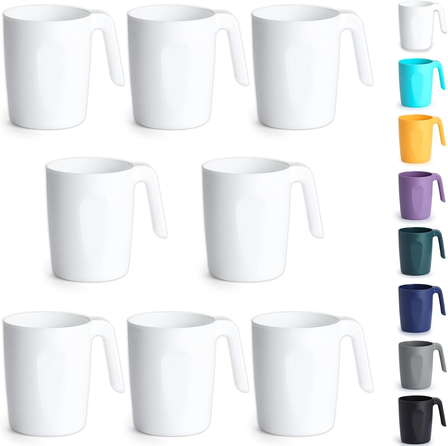 Tasses à café en plastique blanc Set de 8 x 450ml, Gobelets avec poignées, Tasse d’eau réutilisable, Facile à transporter, Idéal pour la maison, Jardin, Pique-, Camping
