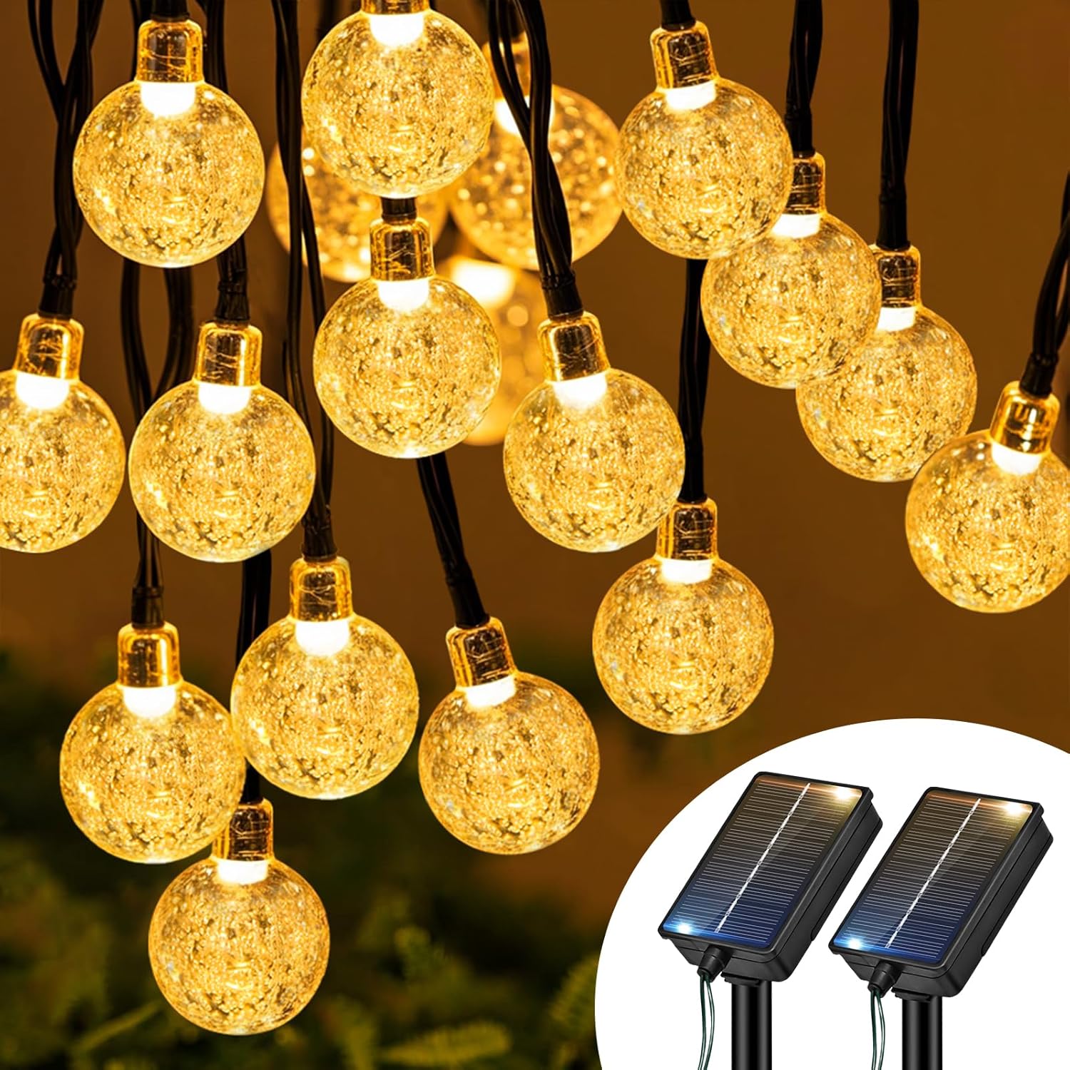 Lot de 2 Guirlande Solaire Exterieur, 10M 30LED Guirlande Lumineuse Exterieure Solaire IP65 Étanche, 8 Modes Décoration pour Jardin Terrasse Guinguette Cour Noël Mariage Fête, Blanc Chaud