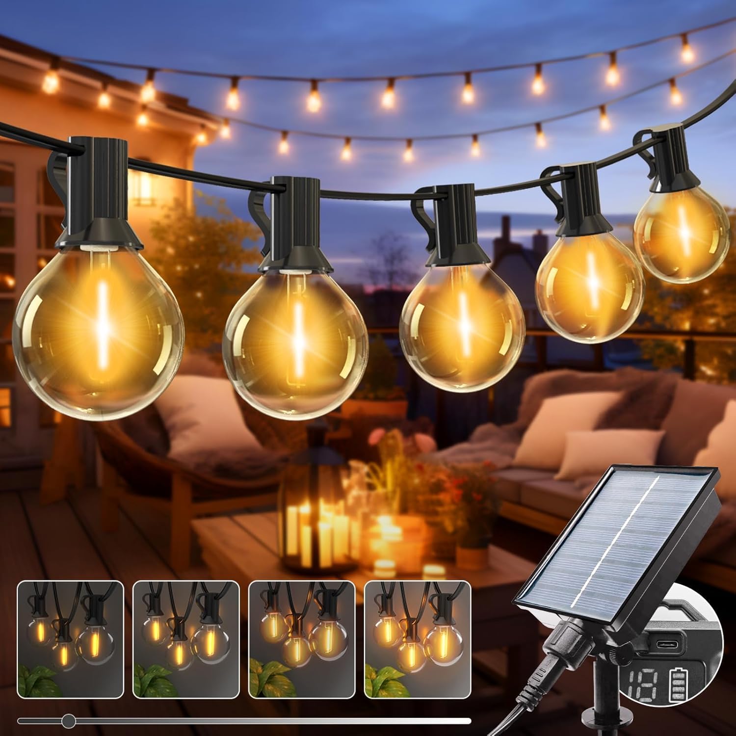 10M Guirlande Solaire Exterieur Dimmable, 8 Modes Guirlandes Lumineuse Exterieure Solaires, IP65 Étanche Lumiere Guinguette Ampoule pour Jardin Terrasse Cour Pergola Fête