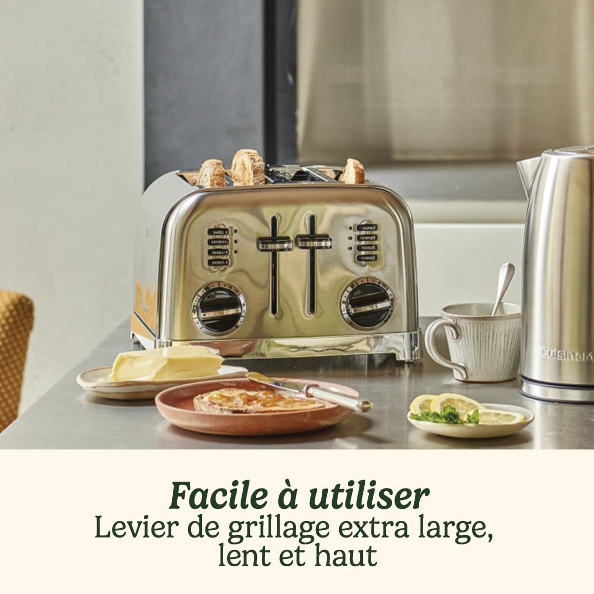 Grille-pain 4 tranches - Fentes larges, idéal pour le pain épais et les bagels - 6 niveaux de brunissage et décongélation - Fentes larges, Remontée maximale - Pistache claire