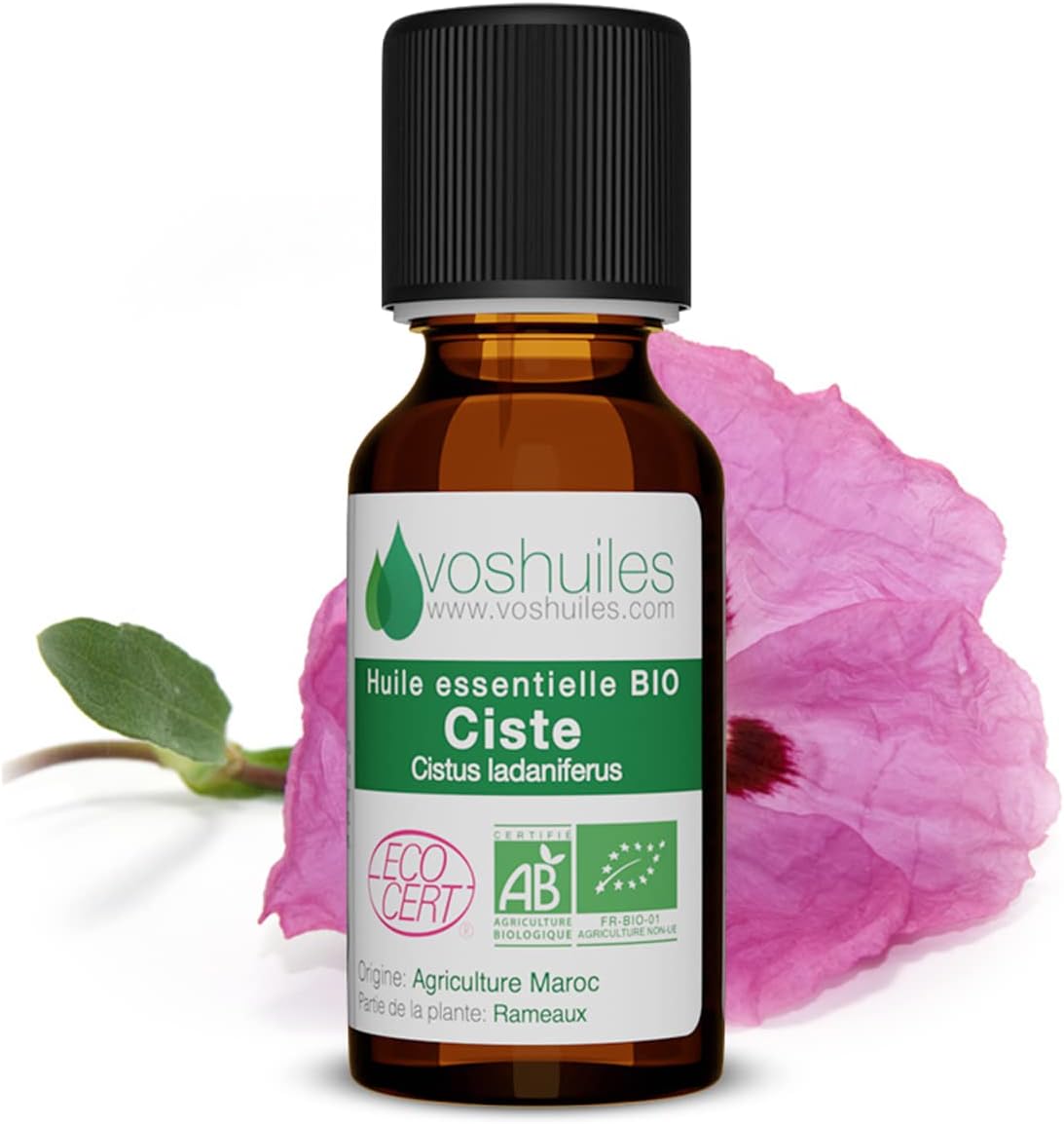 Voshuiles - Huile Essentielle Ciste Ladanifère Bio 10ml - Parfum Frais - Diluer avec Huile Végétale - Soin Peau - Huiles Essentielles de Qualité - 100% Pure et Naturelle - HEBBD et Certifiée ECOCERT