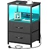 Rolanstar Table de Chevet, Table de Nuit avec Lumières LED et Prise, Tables de Chevet pour Adulte avec 2 Tiroirs de Rangement en Tissu pour Chambre à Coucher Salon (1, Noir)
