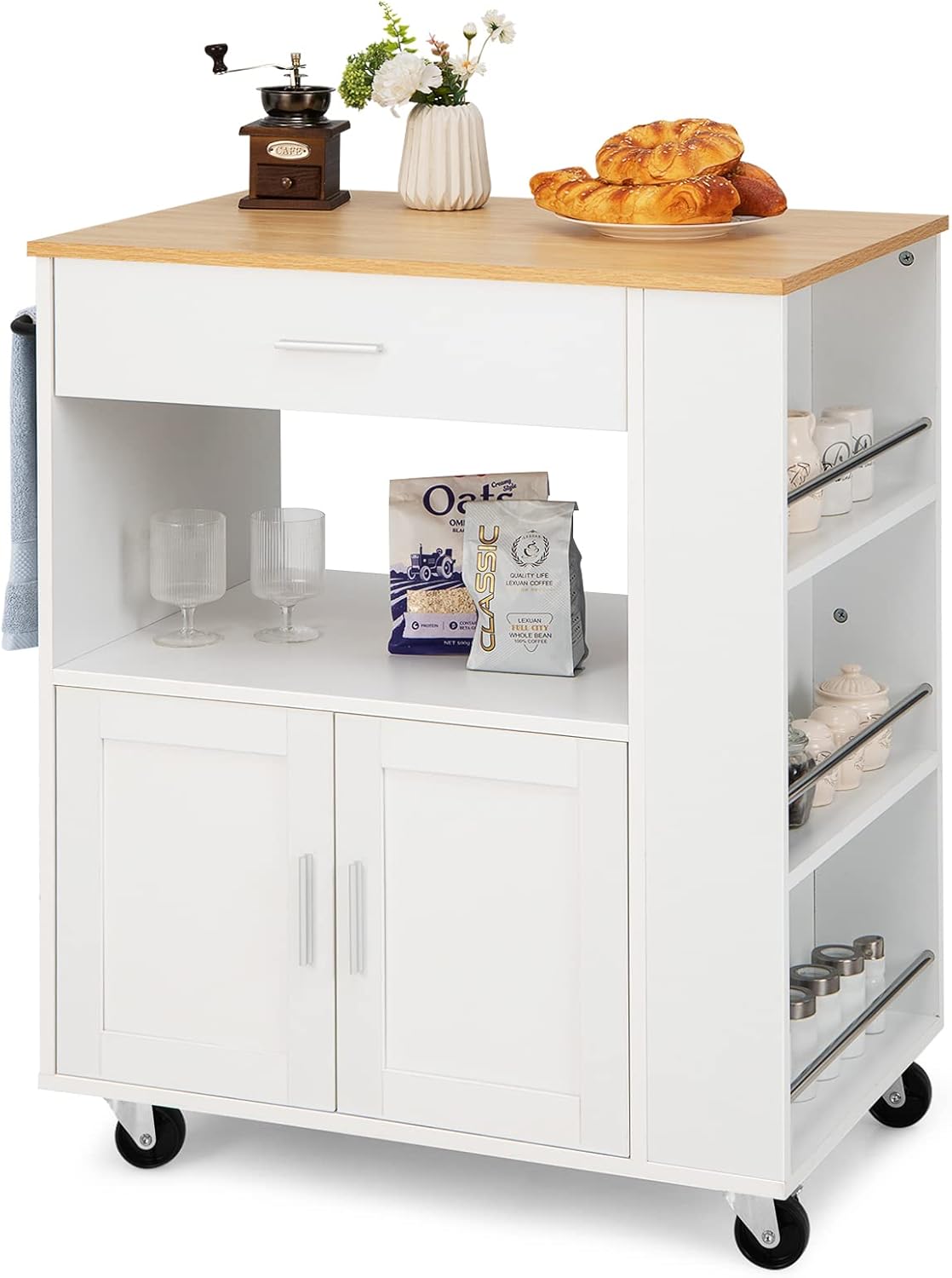 Desserte de Cuisine sur roulettes (2 Verrouillables), îlot de Cuisine avec 3 Support à Épices, Chariot de Service Armoire 1 Tiroir Étagère Ouverte, 46 x 82 x 92 cm, Blanc