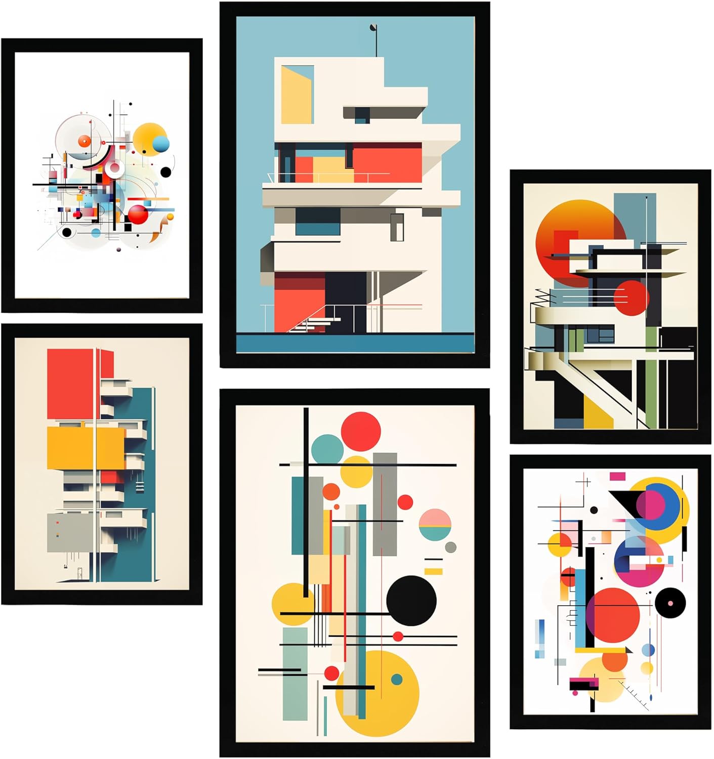 Lot de 6 Architecture déconstruite du Bauhaus Feuille encadrée avec illustration design pour décorer les murs de maison - Chambre bureau, boutique A3 et A4 Cadre noir