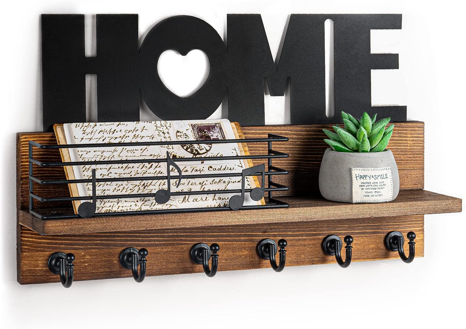 Porte Clef Mural Bois à 6 Crochets - HOME Décoration Boîte à Clés Vintage, Boite a Clefs Murale avec Étagère de Rangement pour Rangement Des Clés et Courrier à L'entrée, Support Clef Mural (Rétro)