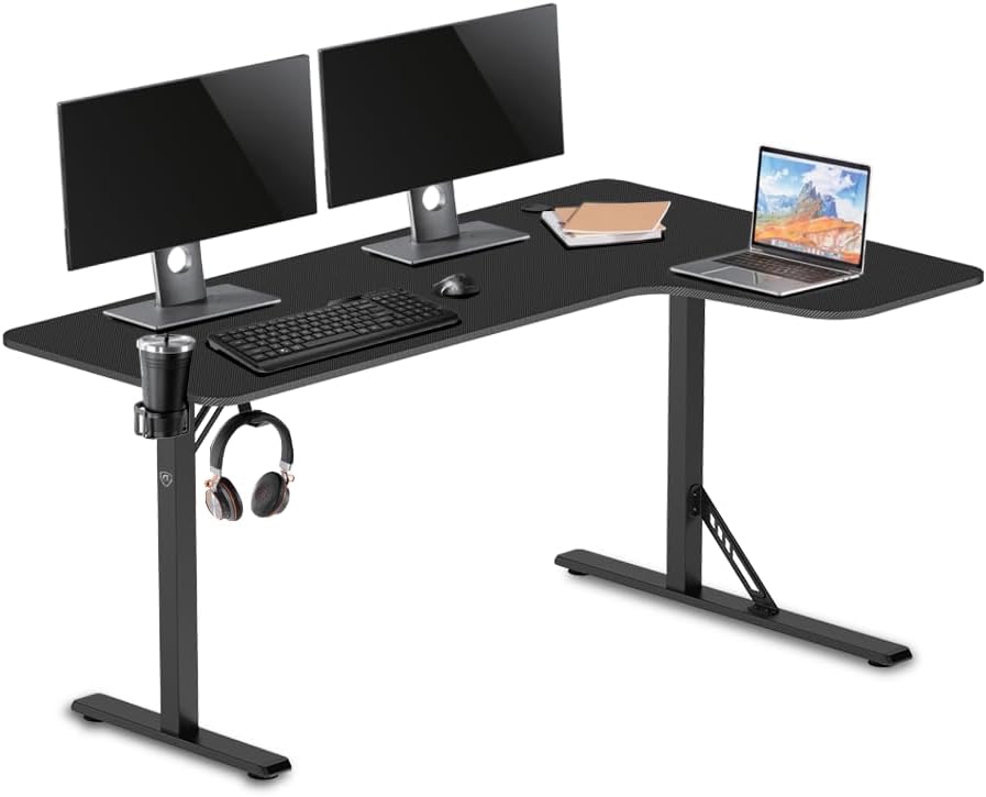 R-Desk 160 L (Droite) Bureau Gamer d'angle L160 x P60-100 x H75 cm - Supporte jusqu'à 120 Kg - Porte Gobelet - Repose Casque - Bureau Gaming d'angle en L PC Console Table