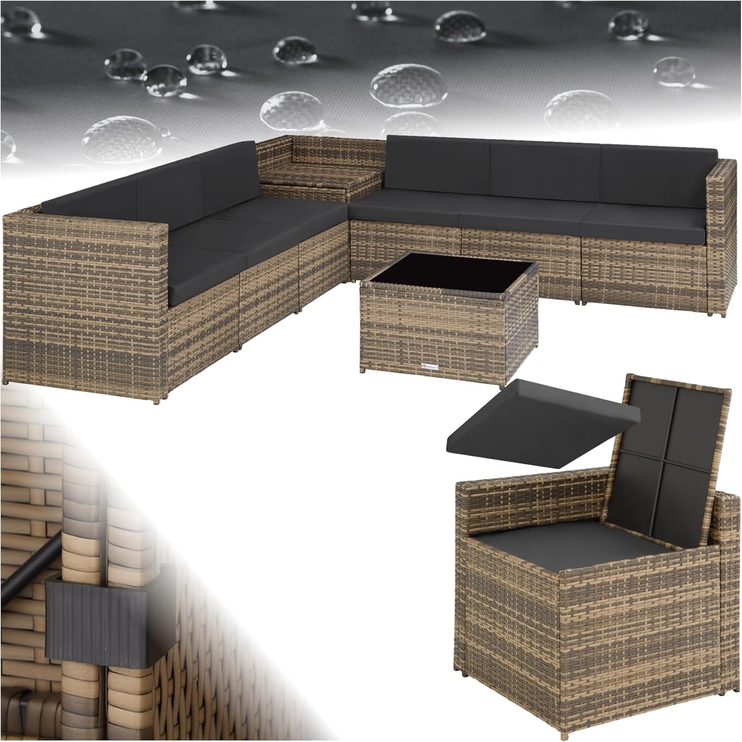 ® Salon de Jardin Exterieur en Rotin 6 Places en Resine Tressee Modulable 6 Fauteuil Jardin Coffre de Rangement et Table en Verre Inclus pour Amenagement Balcon Terrasse – Marron Naturel