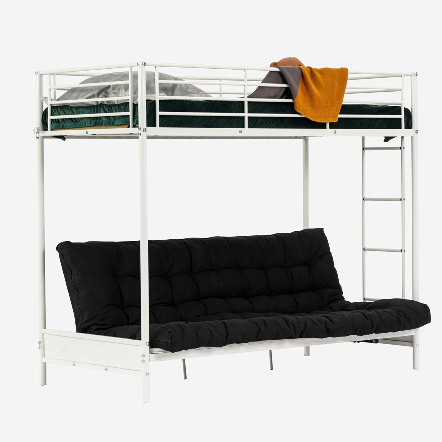 Lit Mezzanine 90x190cm avec Banquette Convertible et Futon Portable, Sommier à Lattes en métal, Style Industriel, pour Enfant Chambre à Coucher Maison, Blanc