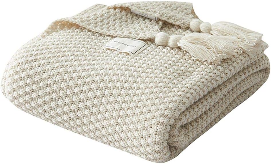 AUSTINCIAGA Couverture en Tricot Plaids Canapé Couvre-lit Tapis de Table Jetés de Lit Nordique Chaud Doux avec Frange Faite à la Main pour Plage Pique-Nique Toutes Saisons (Beige, 70 x 100 cm)
