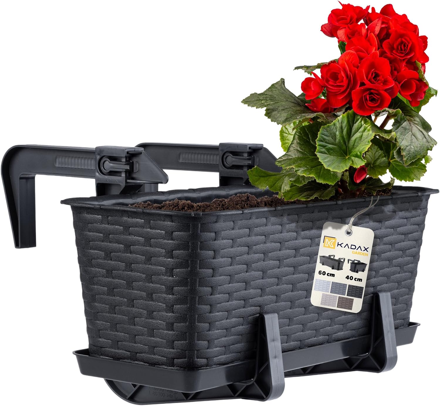 Jardinière Suspendue Extérieure 40 cm, Balconnière en Plastique Aspect Rotin avec Supports de Fixation Intégrés et Soucoupe (Anthracite)