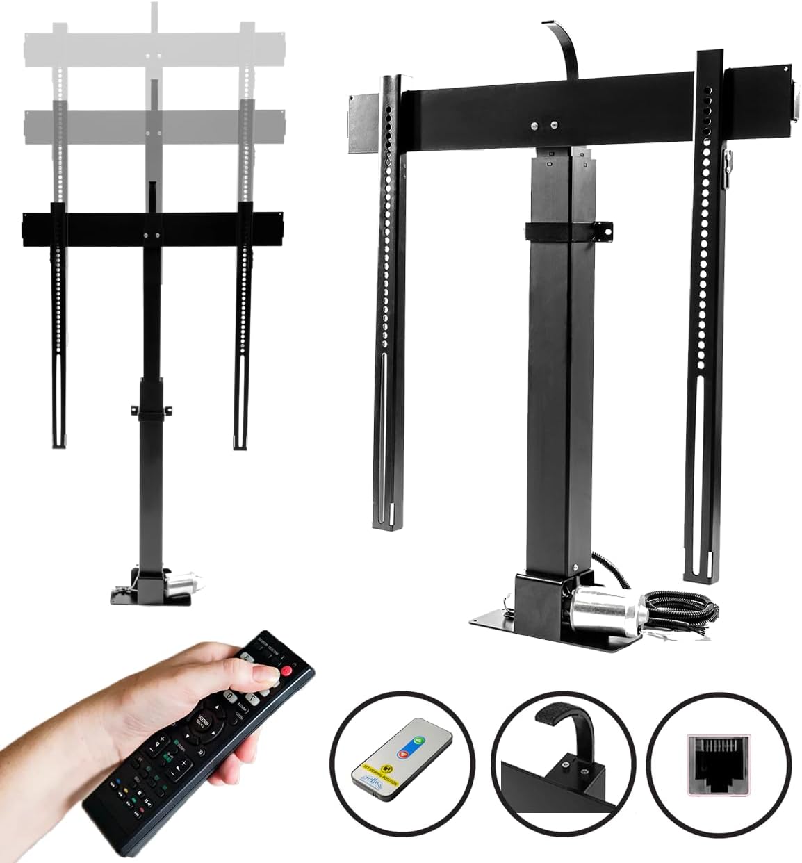 SABAJ Support TV Motorisé Ascenseur encastrable Hauteur jusqu'à 1670mm 20" - 60" Course 836mm et Charge 50kg Télécommande et domotique K-2 ECO Meuble TV escamotable VESA 600x600 pour LED, LCD TV Lift