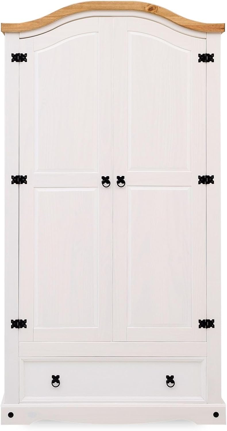 Armoire Campo 2 Portes 1 tiroir pin Massif Blanc/Naturel 100 x 190 x 51 cm - Armoire pour vêtements, Style Cottage, Meuble en pin, Armoire spacieuse avec Tringle, poignées et ferrures Noires