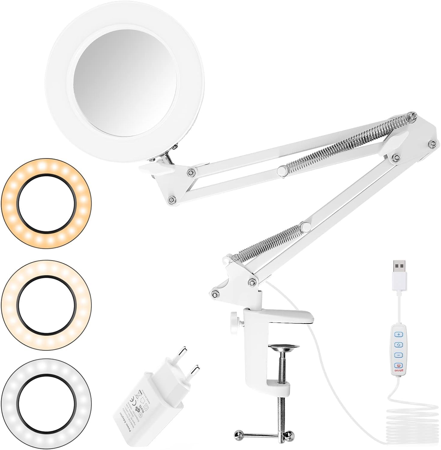 Lampe LED en métal avec loupe, bras oscillant, 3 modes de couleur, verre de 4,1 cm de diamètre, pince industrielle réglable pour la lecture
