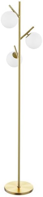 Lampadaire sur pied salon en métal doré lampe de sol avec 3 abat-jours globe blanc verre pour salon et chambre