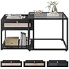 Lot de 2 Table Basse Gigogne, Table de Salon Basse avec Compartiment Ouvert, Tiroir, Panneau DIY, Bureau Vitré, Tables Gigogne de Structure en Métal, Noir