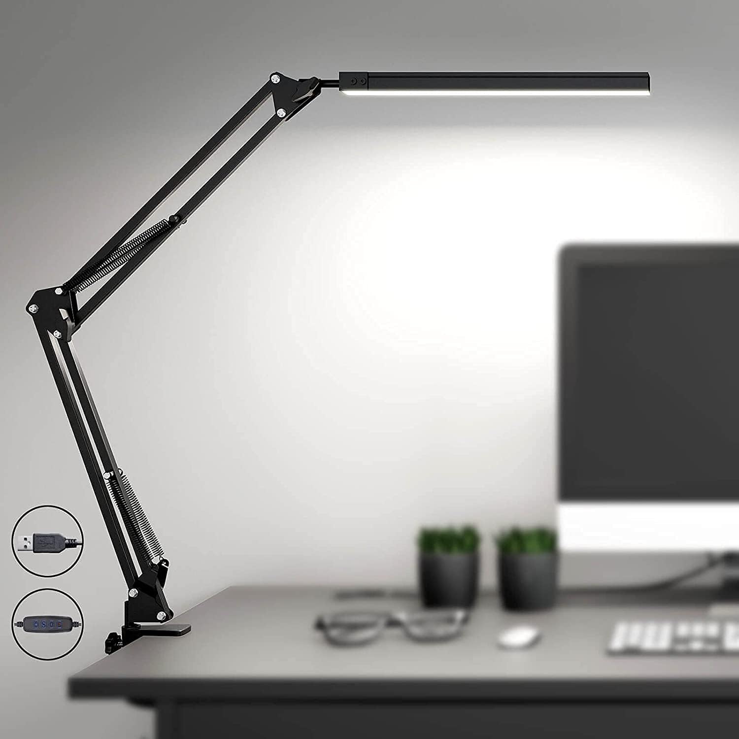 Lampe de Bureau LED Puissante avec clip - Protection des yeux Lampe LED - 3 modes d'éclairage x 10 niveaux de luminosité - Noir