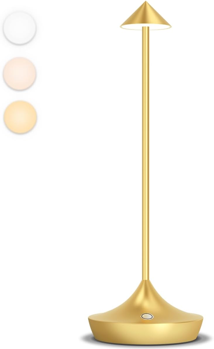 Lampe de table sans fil rechargeable exterieur, lumiere bureau tactile LED 6000mAh, design modern, metal, étanche, dimmable, Lampe poser pour interieur, terrasse, chevet, restaurant (dorée)