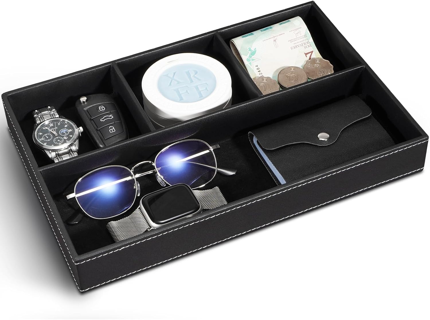 Yocisun Plateau Vide Poche, Plateau de rangement en Cuir plateau de voiturier organisateur de bureau, organisateur de chevet accessoires pour hommes pour pièces de monnaie, bijoux,clés,montre(Noir)