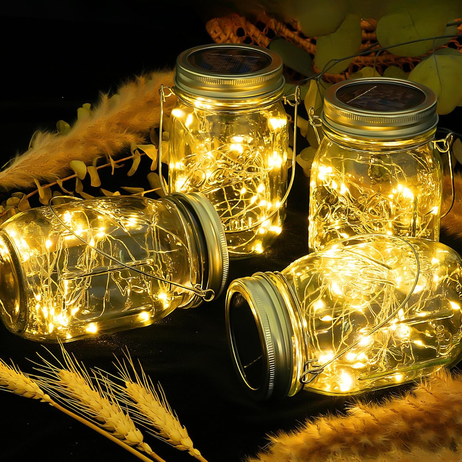 Paxluv Lanterne Solaire Exterieur Jardin - Lot de 4 - Lanterne Exterieur Solaire à Poser ou Suspendre - Lanternes 30 LED, Decoration exterieure - Lanterne Solaire Autonome & Econome - Verre 13.4 x 7 cm