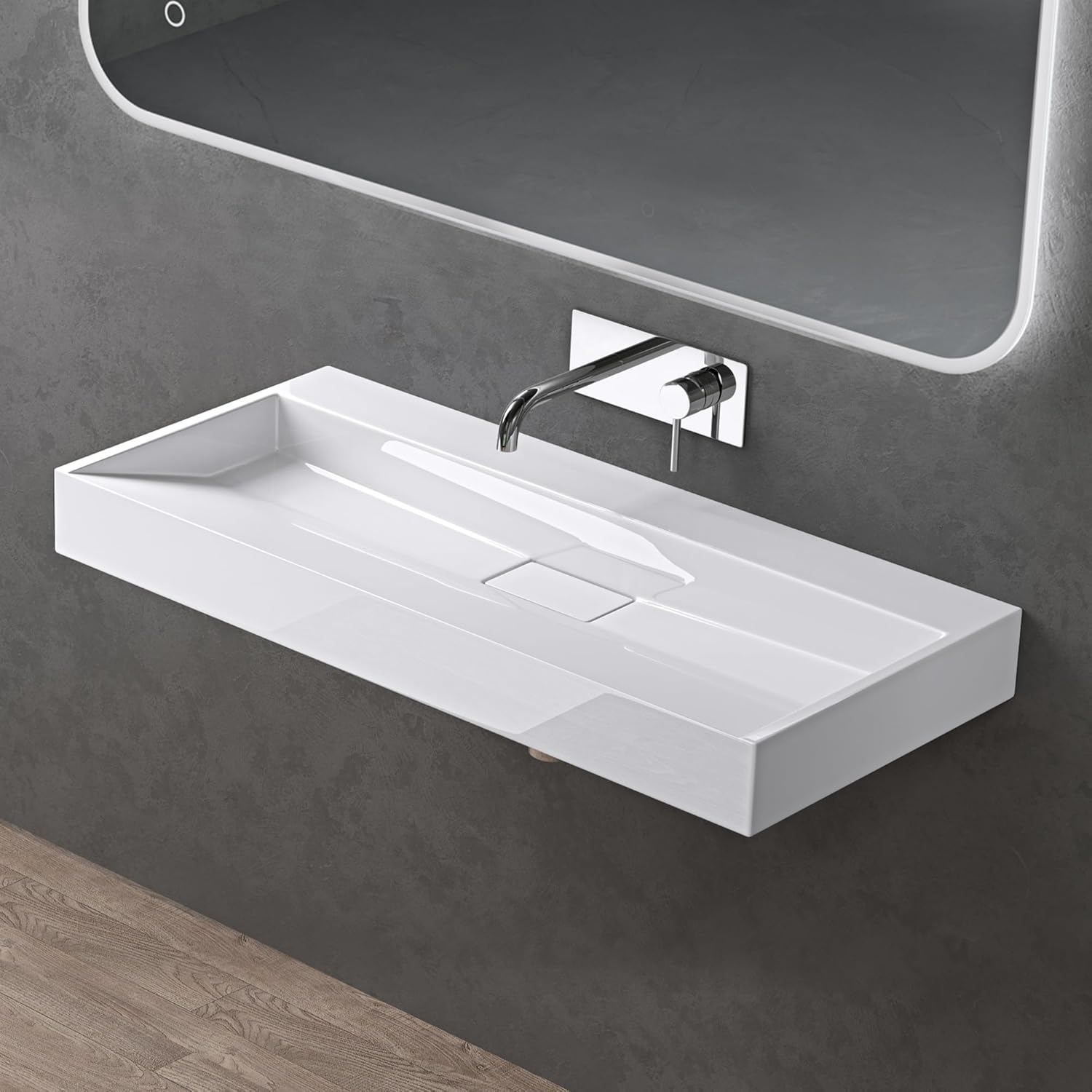 Lavabo Suspendu avec Bonde Vasque à Poser Blanc 100x46x11cm Lave Mains Rectangulaire sans Perçage de Robinet Colossum19