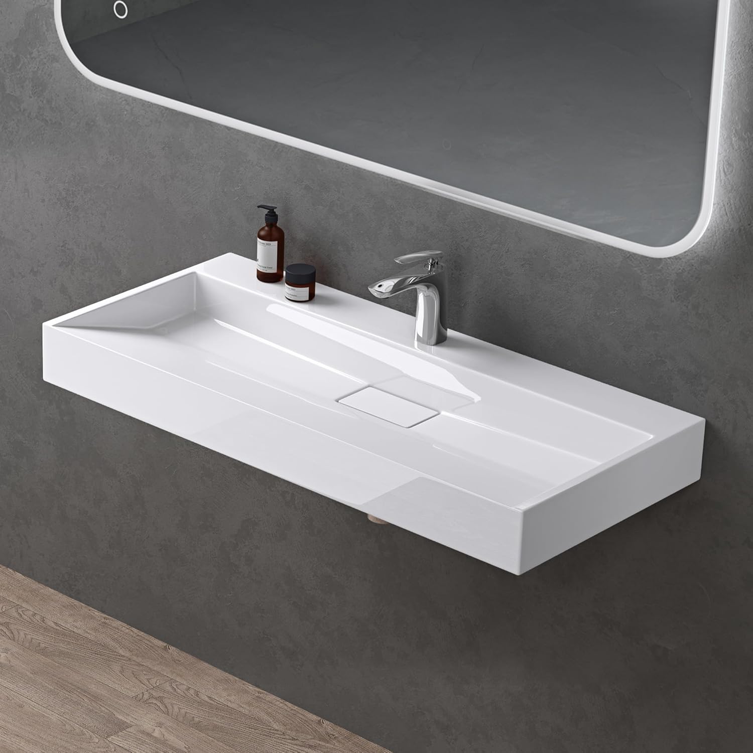 Lavabo Suspendu avec Bonde Vasque à Poser Blanc 100x46x11cm Lave Mains Rectangulaire avec Perçage de Robinet Colossum19
