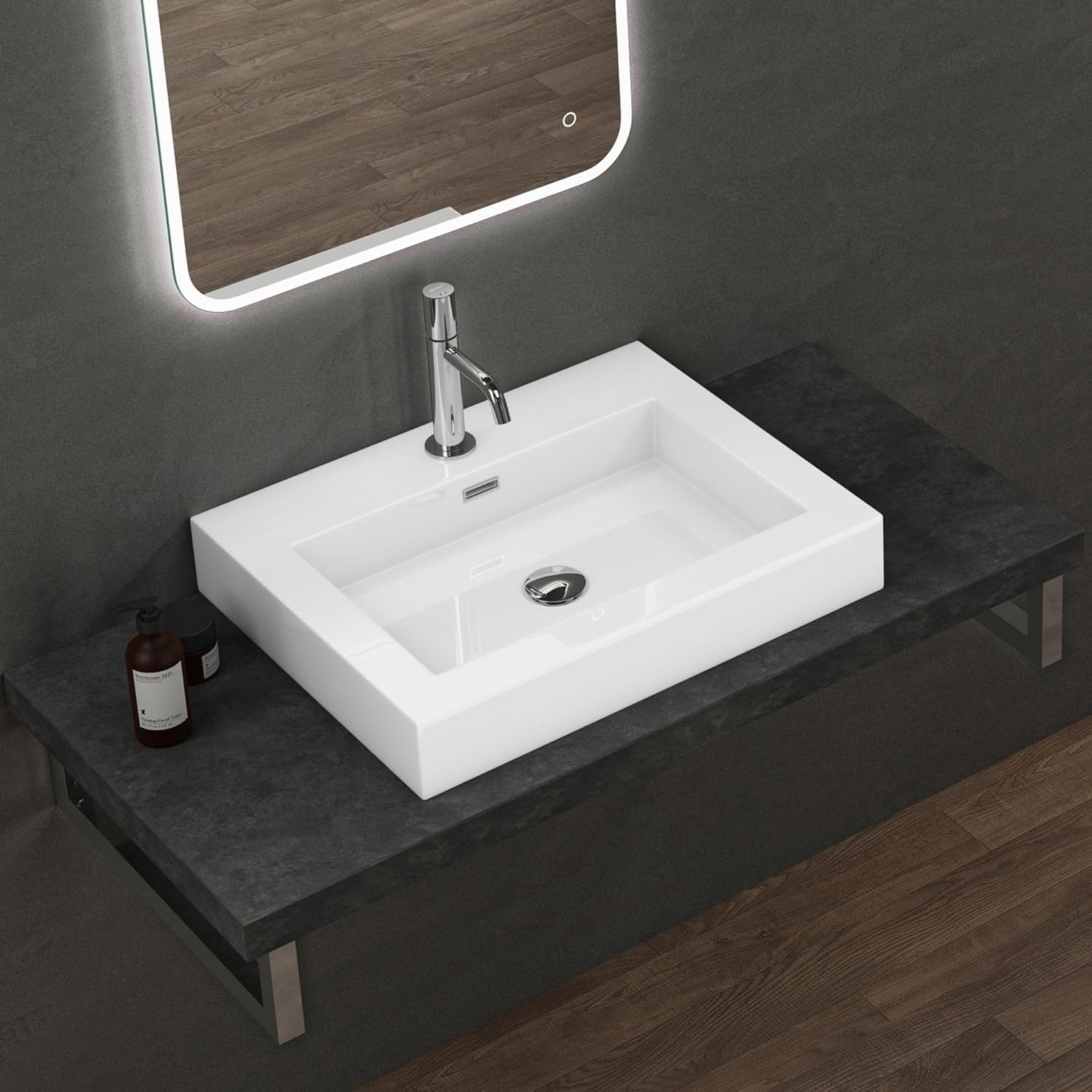 Lavabo Suspendu Vasque à Poser Blanc 60cm Lave Mains Rectangulaire Colossum18 60x48x10cm