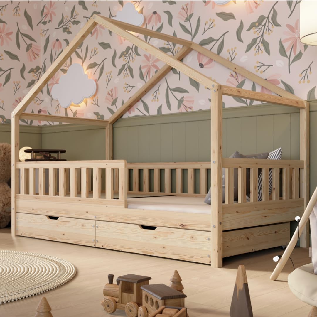 Crazy Pine Lit Cabane avec Tiroirs 190x90 cm – Lit Enfant en Bois Naturel avec Barrière – Lit Montessori au Sol avec Espace de Rangement Supplémentaire et Barrière Amovible - Crazy House