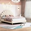 NNXHWY Lit Double en Bois, Velours de Qualité Supérieure, Tête de Lit Florale, Pieds en Fer Doré, Hauteur Réglable, Lit Plateforme, Beige, 140 x 200 cm, Sans Matelas