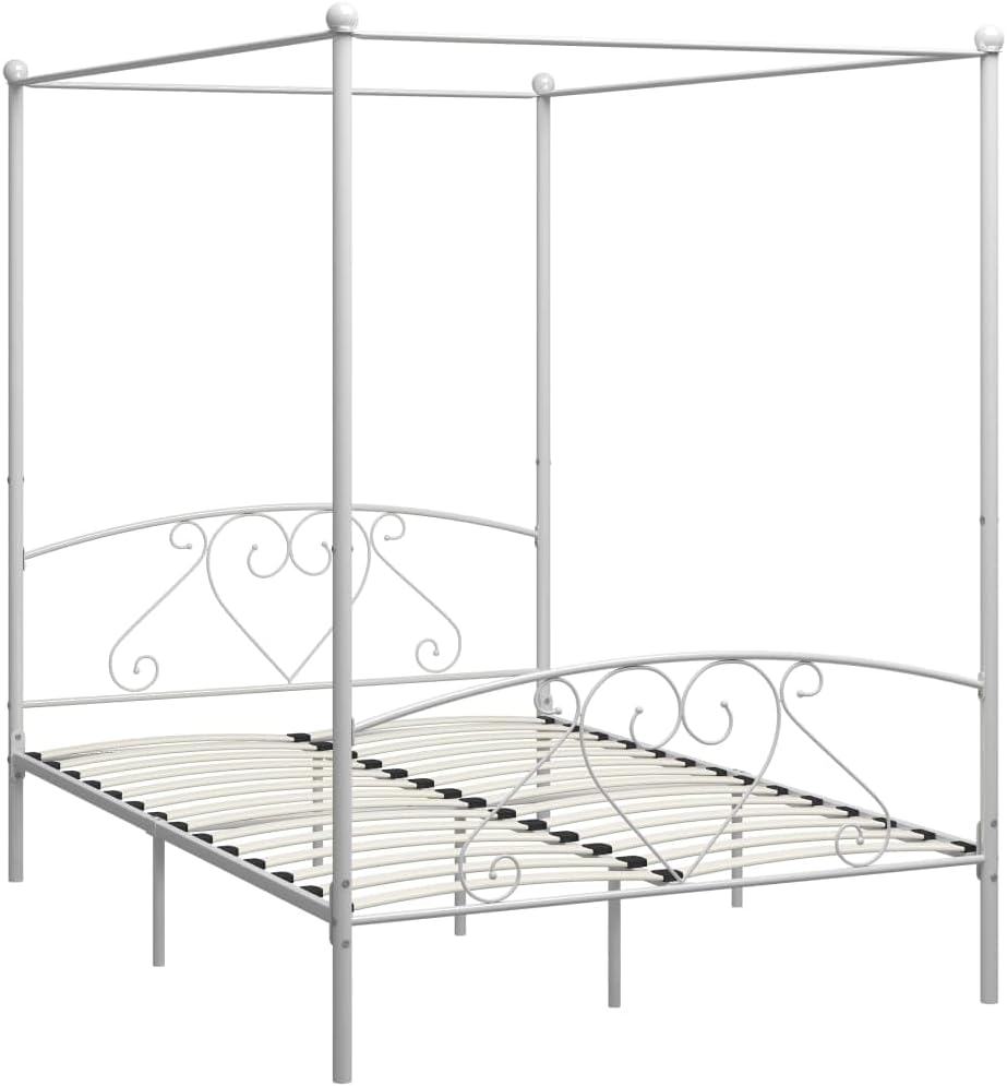 Cadre de Lit à Baldaquin Lit Double Lit Adulte Lit Coffre Sommier à Lattes Chambre à Coucher Maison Intérieur Blanc Métal 140x200 cm