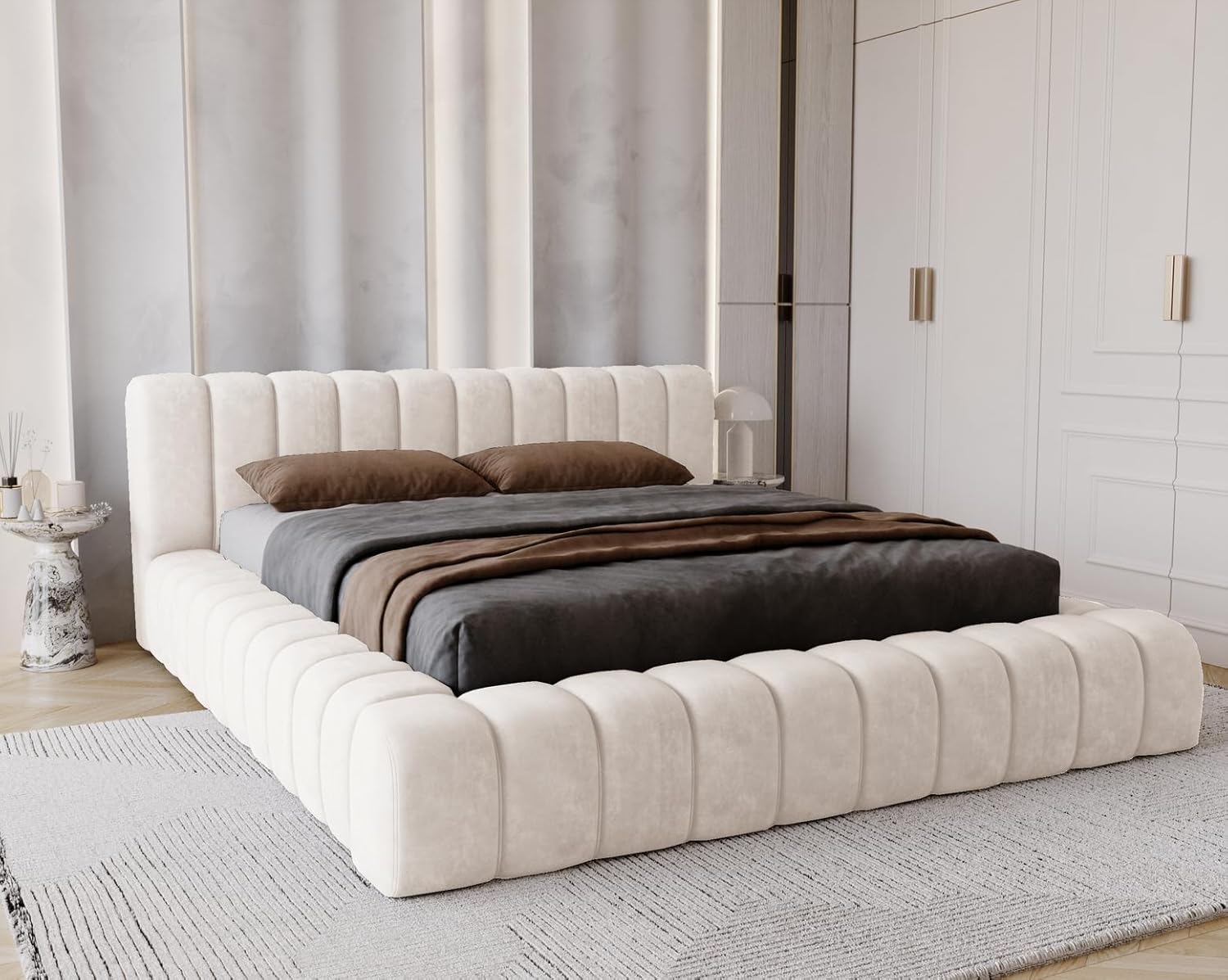 Emporius Lit capitonné 180x200 Como - Lit Adulte avec Rangement, Sommier à Lattes - Mousse épaisse, Tissu Velvet Crème (Whisper 1)