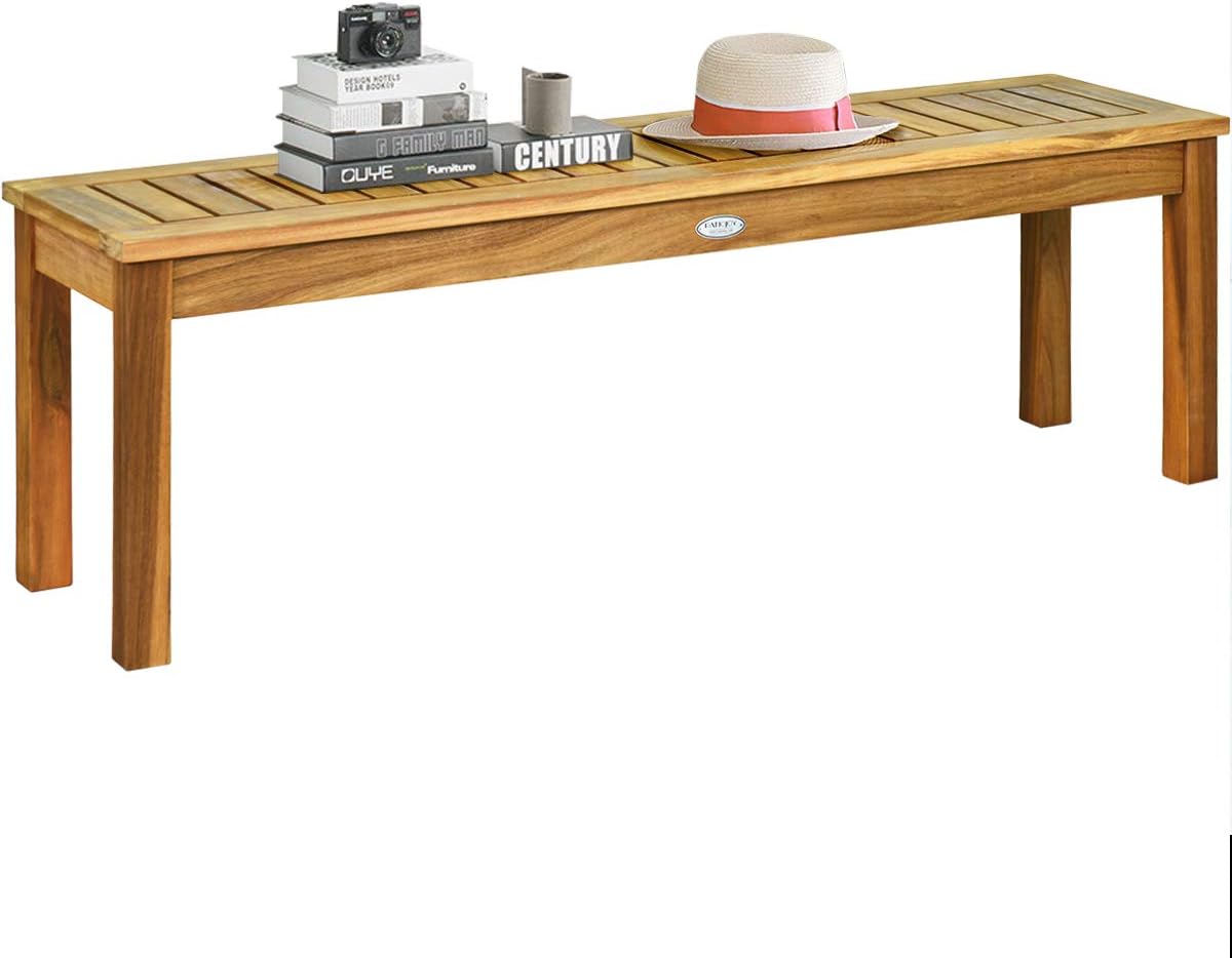 Banc de Jardin en Bois d’Acacia, Banc de Terrasse sans Dossier avec Assise à Lattes, 132 x 34 x 43,5 CM, Charge Max 360KG, pour Le Jardin, la Terrasse, la Cour, Couleur de Teck