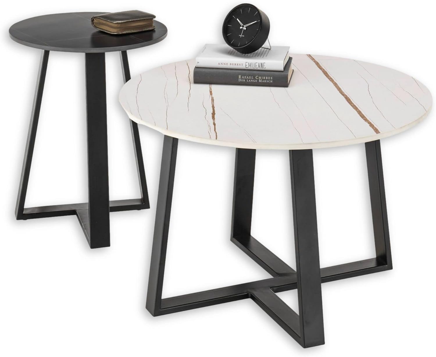 Jason Lot de 2 Rondes Blanc – Table Basse Moderne avec Structure en métal Noir, Céramique, 70 x 45 x 70 cm