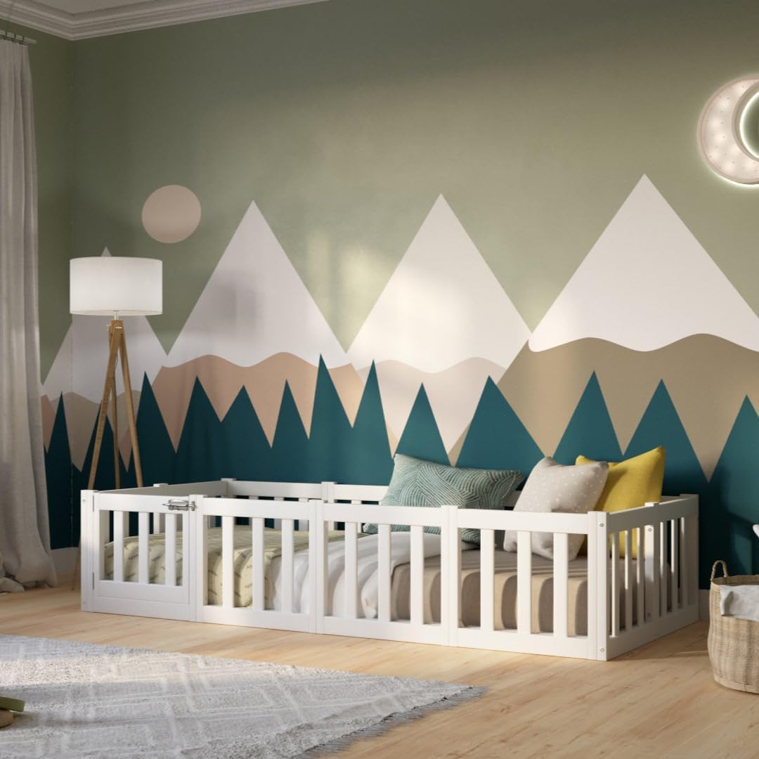 Lit Enfant 180x90 cm – Lit Montessori au Sol avec Barrière 40 cm et Barrière Amovible - Bois Blanc avec Surface Lisse - Parfait pour Garçons et Filles Crazy Johnny