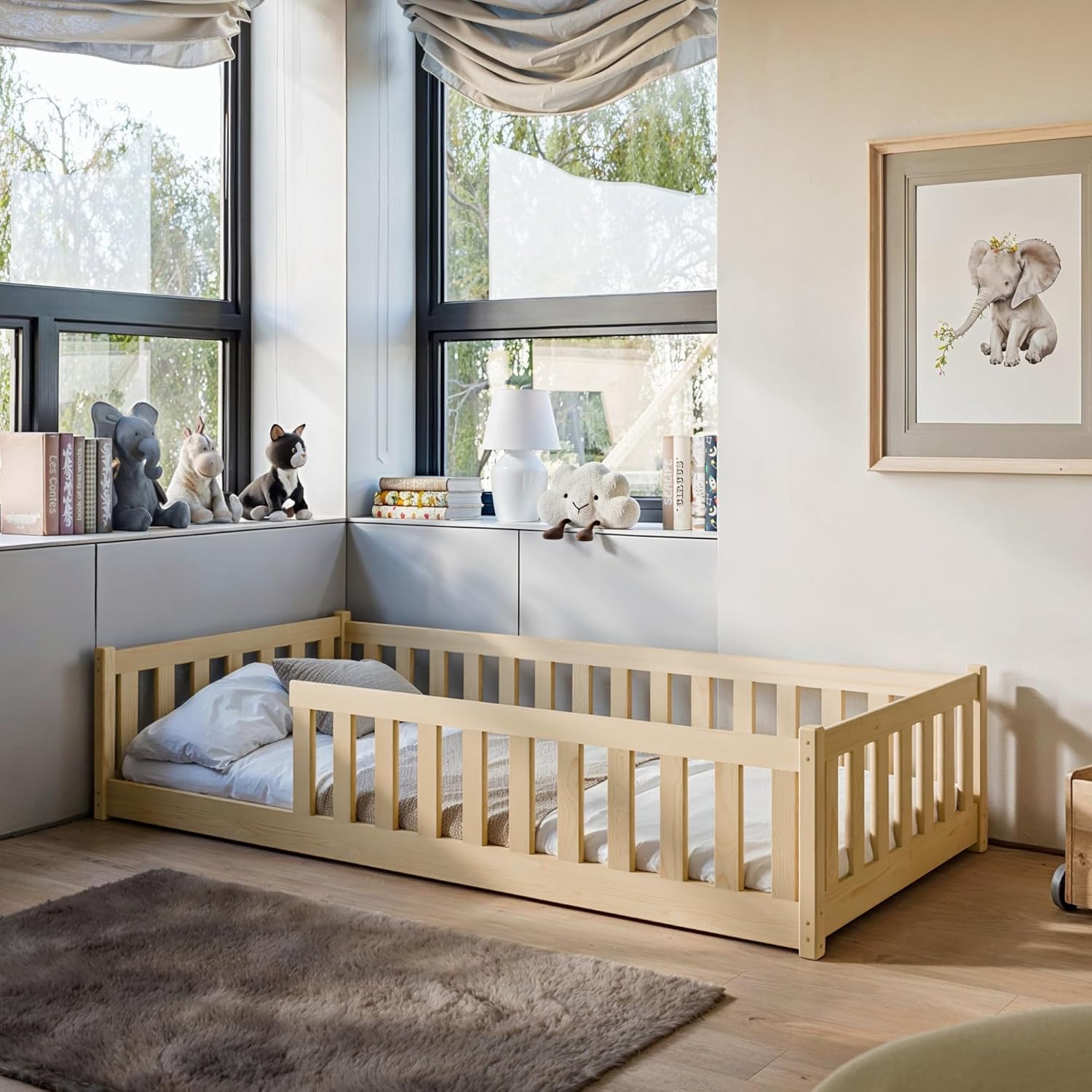 Lit d'enfant Lit au sol 90x190 cm Lit avec protection contre les chutes & sommier à lattes Montessori Lit Lit à barreaux Enfants Lit d'adolescent Lit simple en option avec matelas naturel garçon fille