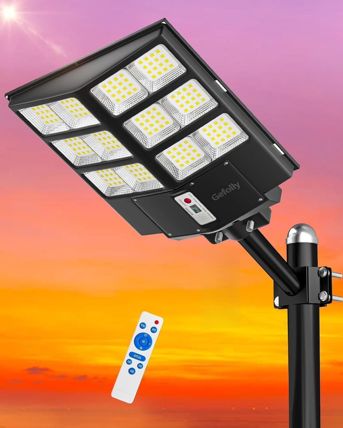 Gefolly SL-2000W Solaire Exterieur Lampadaire-200000LM Lumière Solaire avec Télécommande, 6500K Crépuscule à l'Aube Étanchéité IP67 Projecteur Solaire Exterieur Pour Rue Garage Éclairage Public