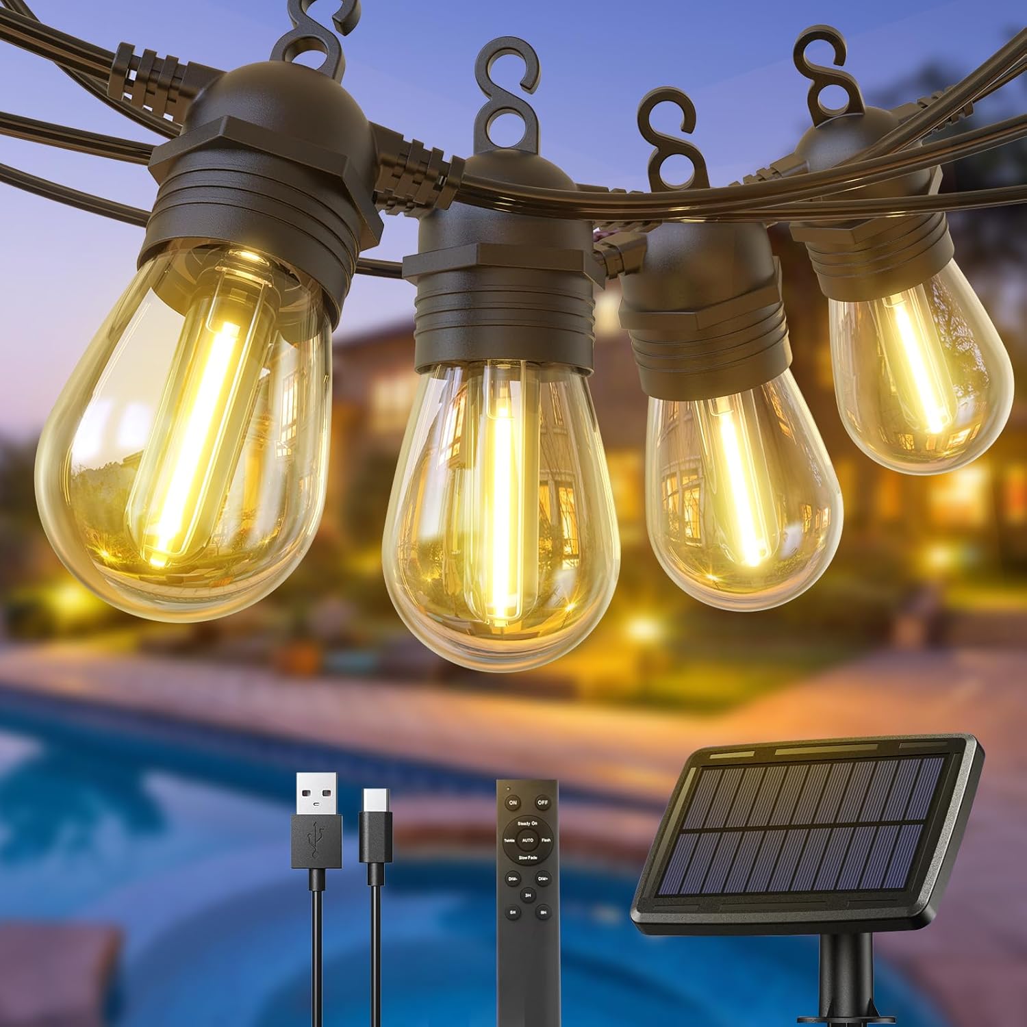 Guirlande Guinguette Solaire et Charge Extérieur, 12.5M 10+1 Leds 4 Modes Guirlande Lumineuse IP65 Etanche Décoration Guirlande Led Graduable pour Jardin Terrasse Pergola-Télécommandes